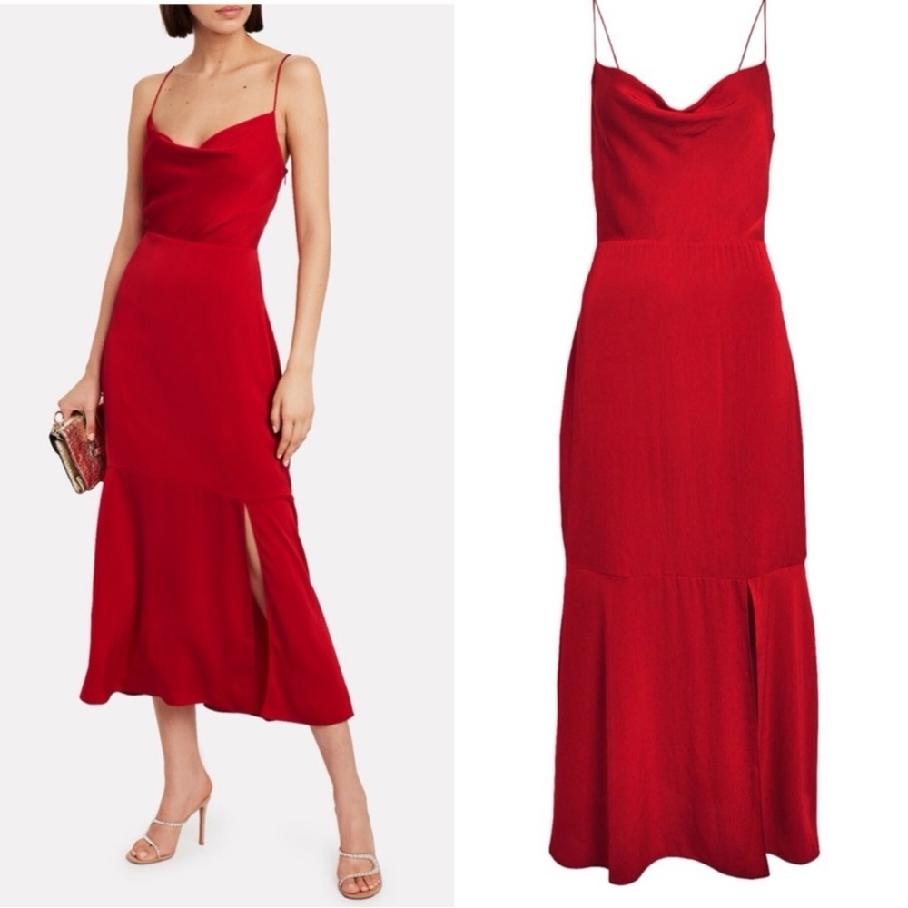INTERMIX Paris Red Silk Cowl Neck Formal Evening Slit Tiered Dress